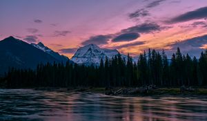 Preview wallpaper mountains, rocks, lake, forest, trees, sunset