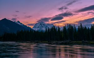 Preview wallpaper mountains, rocks, lake, forest, trees, sunset