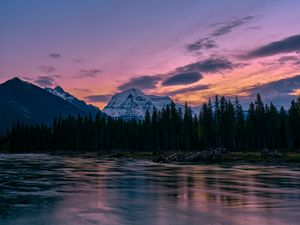 Preview wallpaper mountains, rocks, lake, forest, trees, sunset