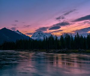 Preview wallpaper mountains, rocks, lake, forest, trees, sunset