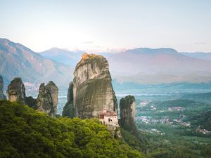 Preview wallpaper mountains, rocks, landscape, valley, town