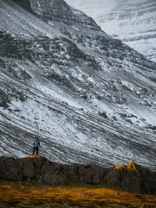 Preview wallpaper mountains, rocks, man, nature, loneliness