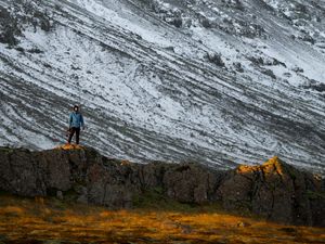 Preview wallpaper mountains, rocks, man, nature, loneliness