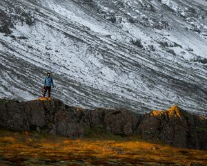 Preview wallpaper mountains, rocks, man, nature, loneliness