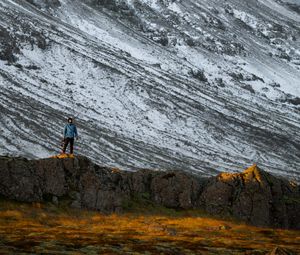 Preview wallpaper mountains, rocks, man, nature, loneliness