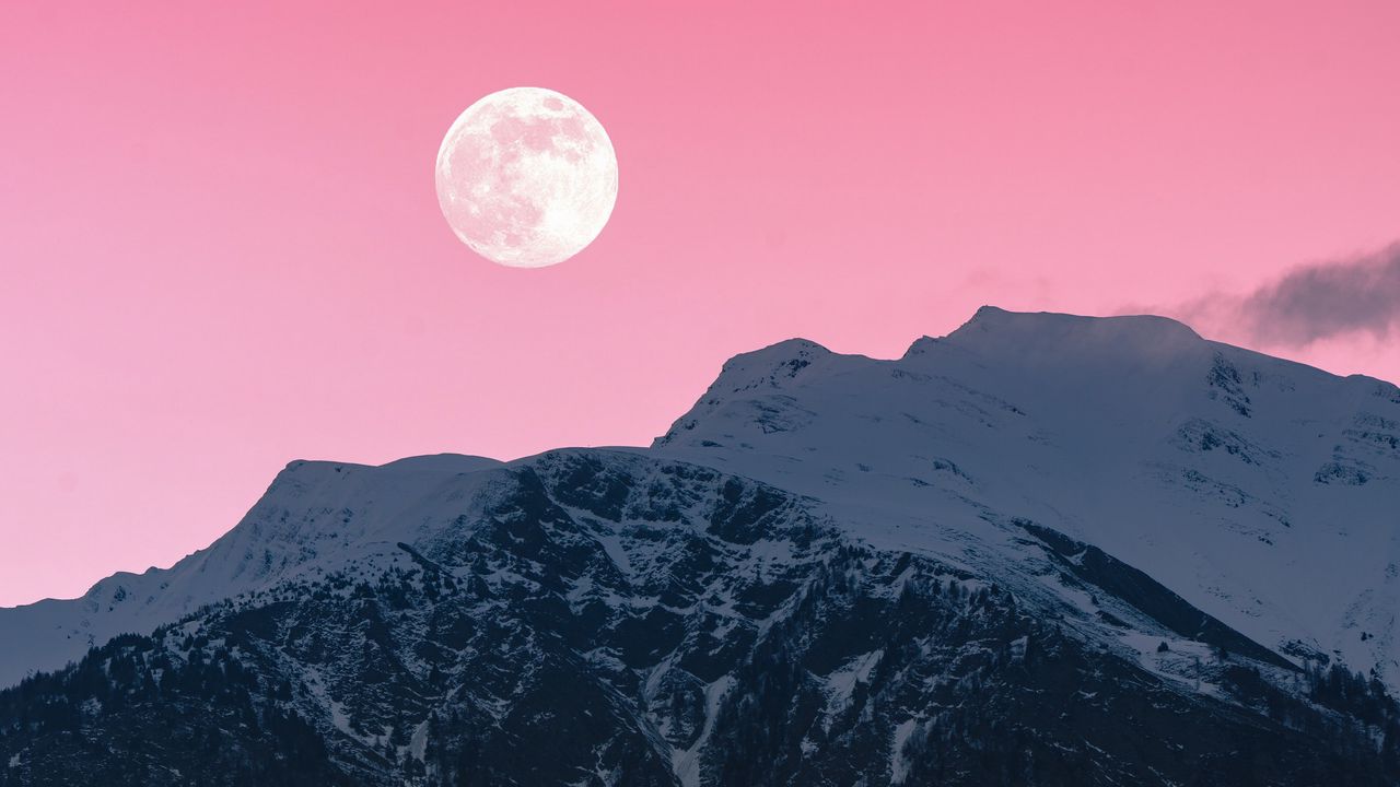 Wallpaper mountains, rocks, moon, snow, snowy, pink