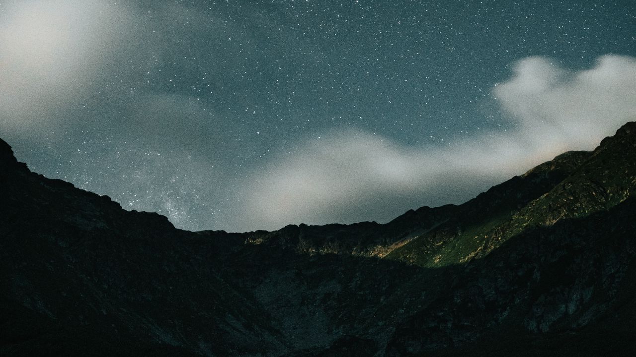 Wallpaper mountains, rocks, night, starry sky, stars, clouds