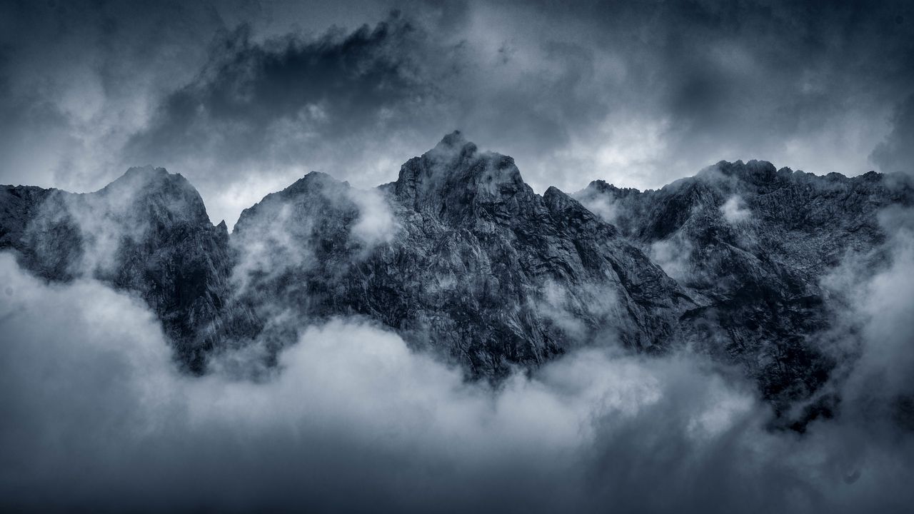 Wallpaper mountains, rocks, peaks, clouds, nature, dark