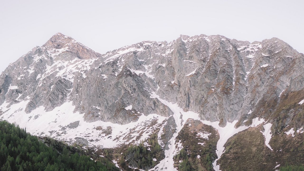 Wallpaper mountains, rocks, peaks, snow, trees