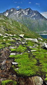 Preview wallpaper mountains, rocks, peaks, moss, lake