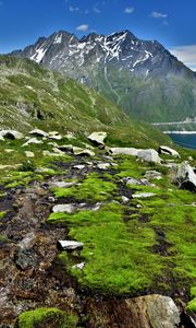 Preview wallpaper mountains, rocks, peaks, moss, lake