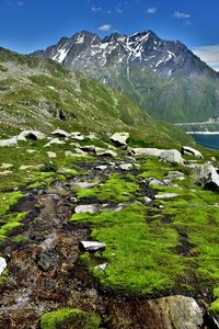 Preview wallpaper mountains, rocks, peaks, moss, lake