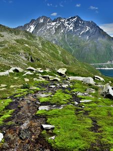 Preview wallpaper mountains, rocks, peaks, moss, lake