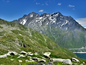 Preview wallpaper mountains, rocks, peaks, moss, lake