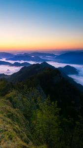 Preview wallpaper mountains, rocks, peaks, sunset, trees