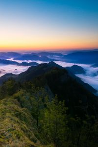 Preview wallpaper mountains, rocks, peaks, sunset, trees