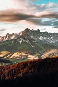 Preview wallpaper mountains, rocks, peaks, trees, clouds, landscape