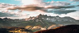 Preview wallpaper mountains, rocks, peaks, trees, clouds, landscape