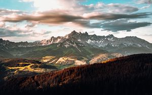 Preview wallpaper mountains, rocks, peaks, trees, clouds, landscape