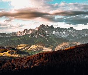 Preview wallpaper mountains, rocks, peaks, trees, clouds, landscape