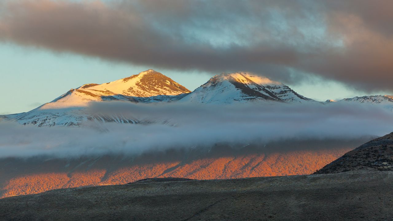 Wallpaper mountains, rocks, peaks, clouds, snowy