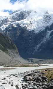 Preview wallpaper mountains, rocks, river, water, stones, snow, tops