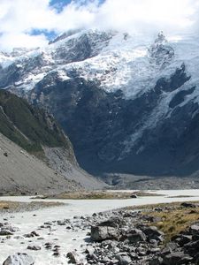 Preview wallpaper mountains, rocks, river, water, stones, snow, tops