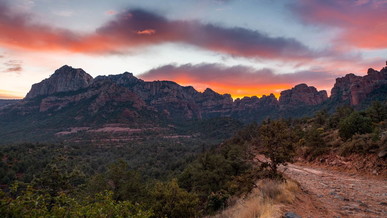 Wallpaper mountains, rocks, road, trees, sunset, landscape