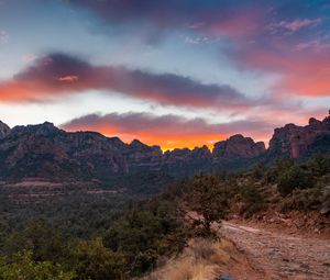 Preview wallpaper mountains, rocks, road, trees, sunset, landscape