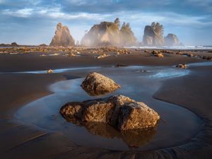 Preview wallpaper mountains, rocks, sand, water, landscape, nature