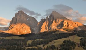 Preview wallpaper mountains, rocks, shadows, trees, valley