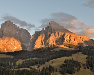 Preview wallpaper mountains, rocks, shadows, trees, valley