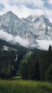 Preview wallpaper mountains, rocks, slope, cable car, trees