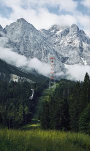 Preview wallpaper mountains, rocks, slope, cable car, trees