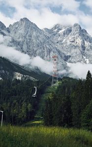 Preview wallpaper mountains, rocks, slope, cable car, trees