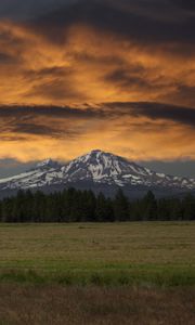 Preview wallpaper mountains, rocks, snow, sky, clouds, forest, field