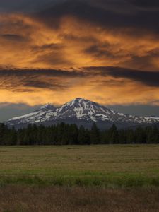 Preview wallpaper mountains, rocks, snow, sky, clouds, forest, field