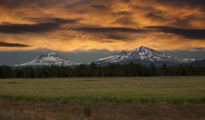 Preview wallpaper mountains, rocks, snow, sky, clouds, forest, field