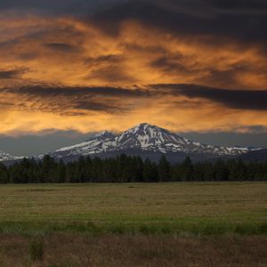 Preview wallpaper mountains, rocks, snow, sky, clouds, forest, field