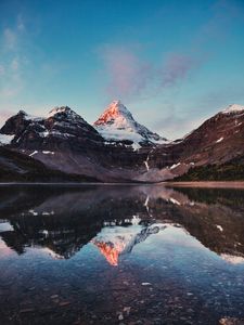 Preview wallpaper mountains, rocks, snow, snowy, lake, reflection, sky