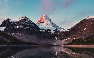 Preview wallpaper mountains, rocks, snow, snowy, lake, reflection, sky