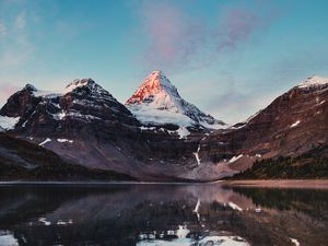 Preview wallpaper mountains, rocks, snow, snowy, lake, reflection, sky