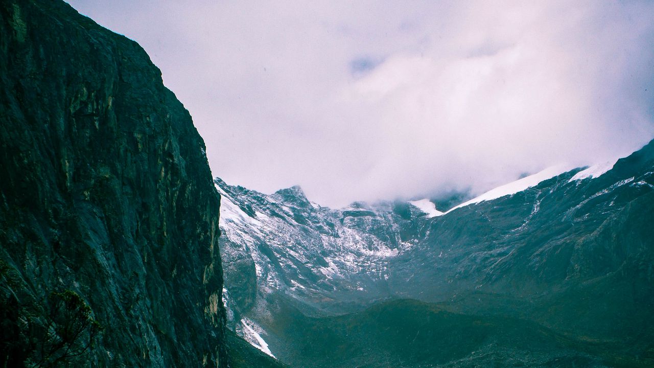 Wallpaper mountains, rocks, snow, snowy, grass, clouds