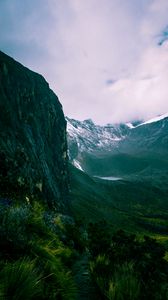Preview wallpaper mountains, rocks, snow, snowy, grass, clouds