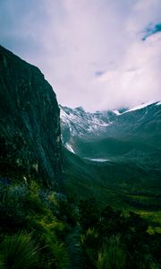 Preview wallpaper mountains, rocks, snow, snowy, grass, clouds