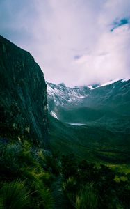 Preview wallpaper mountains, rocks, snow, snowy, grass, clouds