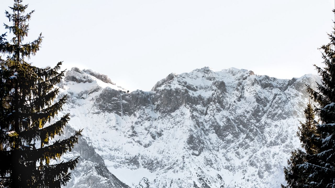 Wallpaper mountains, rocks, snow, snowy, spruce, sky