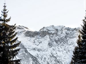 Preview wallpaper mountains, rocks, snow, snowy, spruce, sky