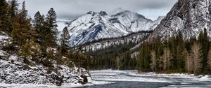 Preview wallpaper mountains, rocks, snow, lake, snowy, trees