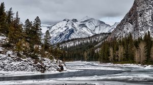 Preview wallpaper mountains, rocks, snow, lake, snowy, trees